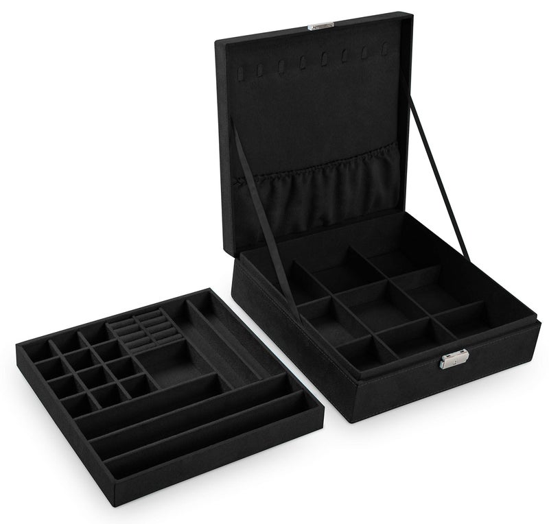 Sodynee Two-Layer Lint Jewelry Box Organizer Display Storage Case with Lock, Black - Image 2